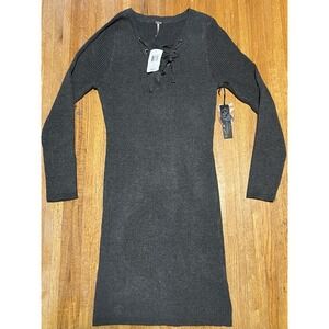 POOF Apparel Women LG Charcoal Heather Lace Up V-Neck Ribbed Knit Bodycon Dress